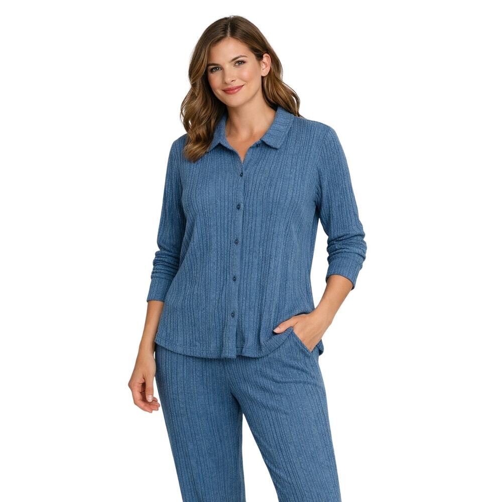 Cuddl Duds Blue Ribbed Lounge Set Size Large – Button Front Top & Pants - Picture 1 of 12